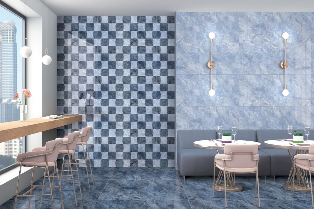 Accent wall featuring Super Gloss Decor Mosaic Blue Stone tiles with a glossy mosaic design, adding a bold and stylish look to modern interiors.