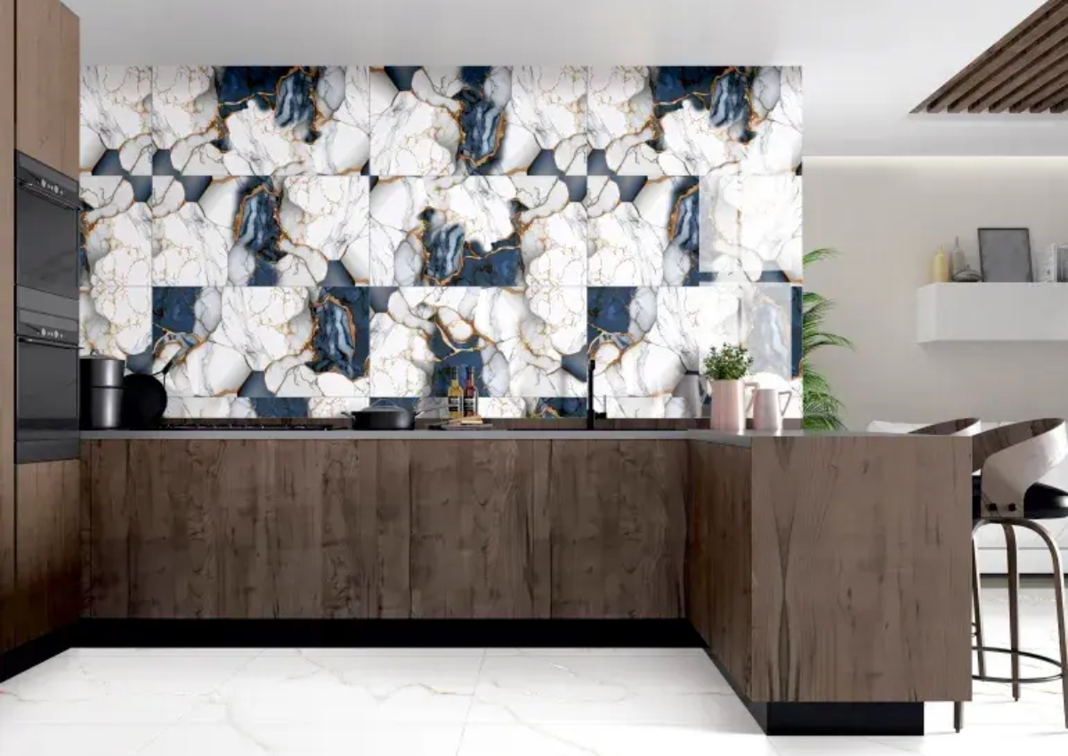 Kitchen backsplash featuring Elegant Marble Gold Vein PGVT tiles with glossy marble finish and gold veining, adding a luxurious and modern look to kitchen interiors.