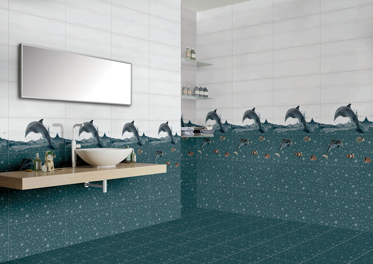 Stylish bathroom with dolphin-tiles, playful dolphins and vibrant fish blend