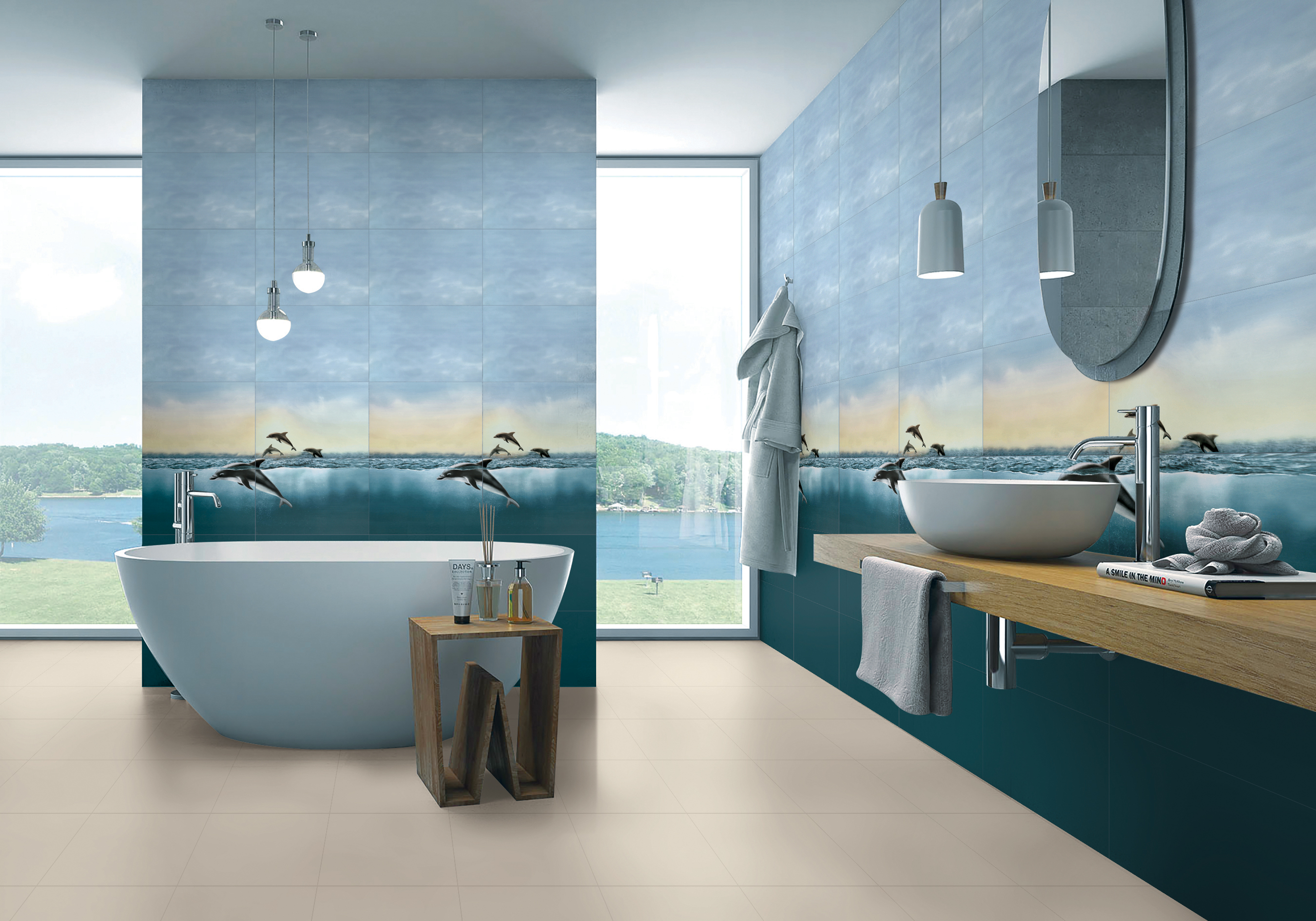 Modern bathroom area with ODH Dolphin Bottom Left HL tile design
