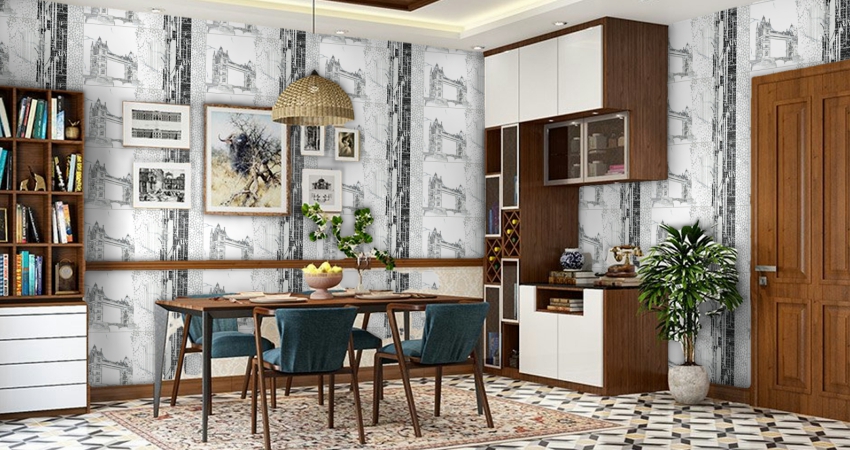 Stylish dining room with patterned floor tiles, bookshelf, and graphic wall designs