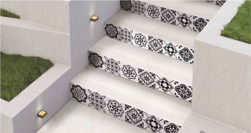 black and white Moroccan stair tiles