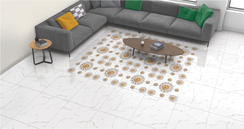 Modern living room with gray sectional sofa, patterned tile rug, and marble flooring
