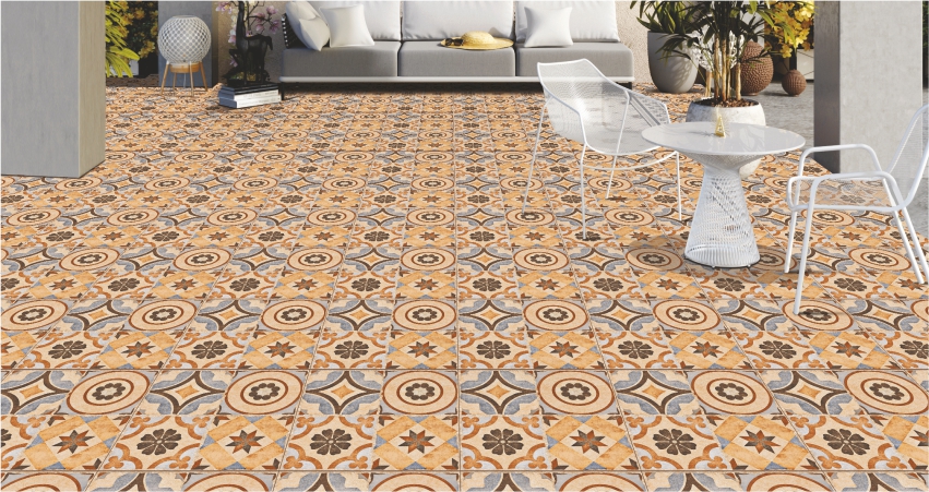 Digital tile flooring with a vintage-inspired pattern, featuring warm earth tones