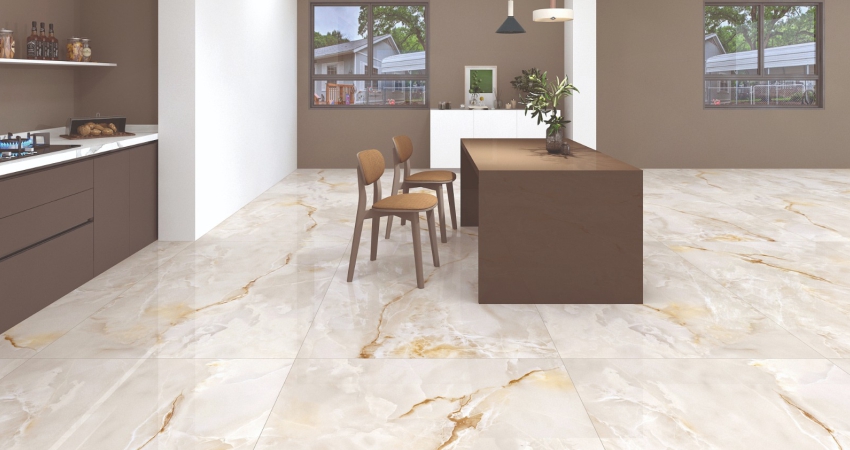 Trendy dining room with glossy marble-effect tiles and minimalist brown furniture.