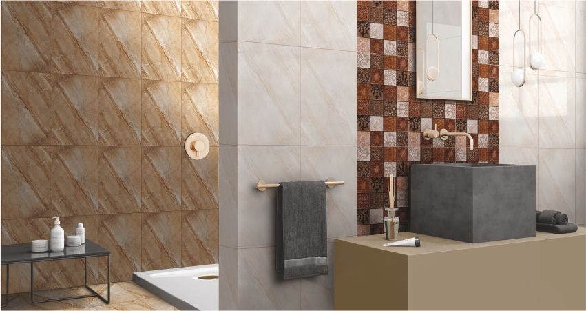 Beige and brown digital tile wall design with textured and mosaic patterns