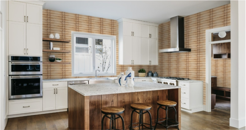 Digital tile backsplash with a wood-texture pattern, complementing white cabinetry