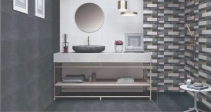 Grey bathroom tiles featuring a sleek and modern finish, perfect for creating a sophisticated look in bathroom spaces