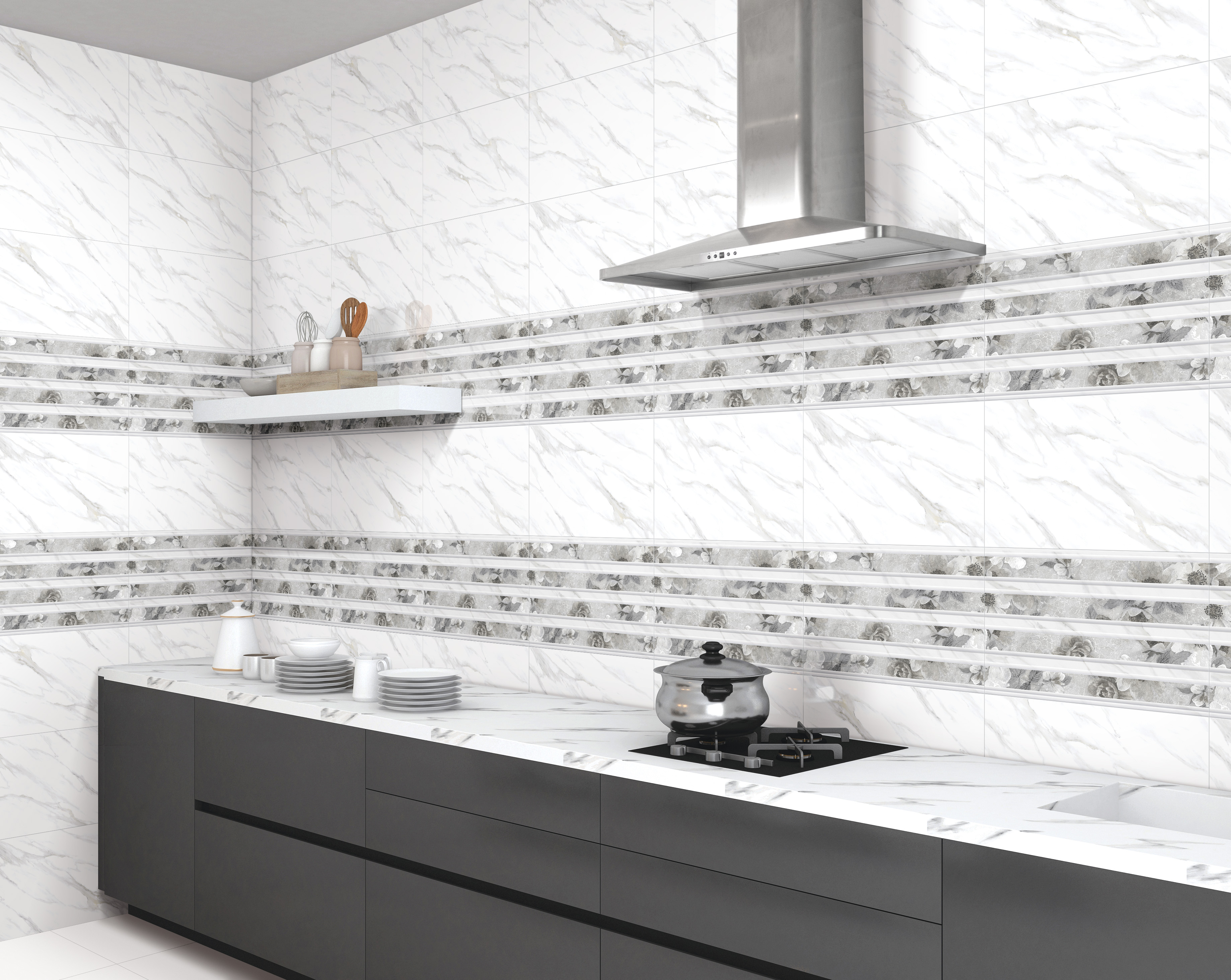 Sleek modern kitchen with black cabinets, marble-patterned tiles, and gray accent strips