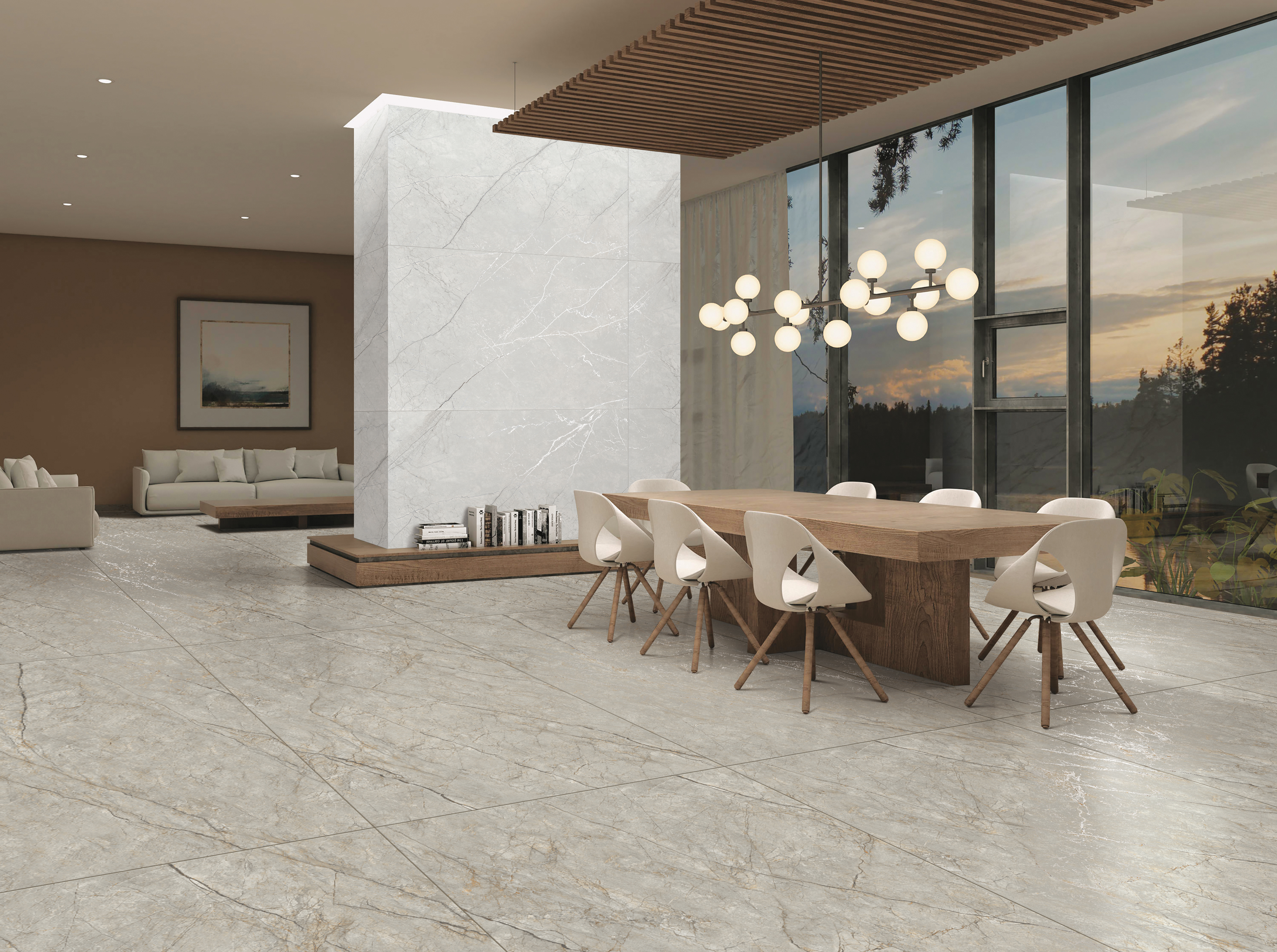 Spacious modern dining area with marble-look tiles, wooden table, and large windows