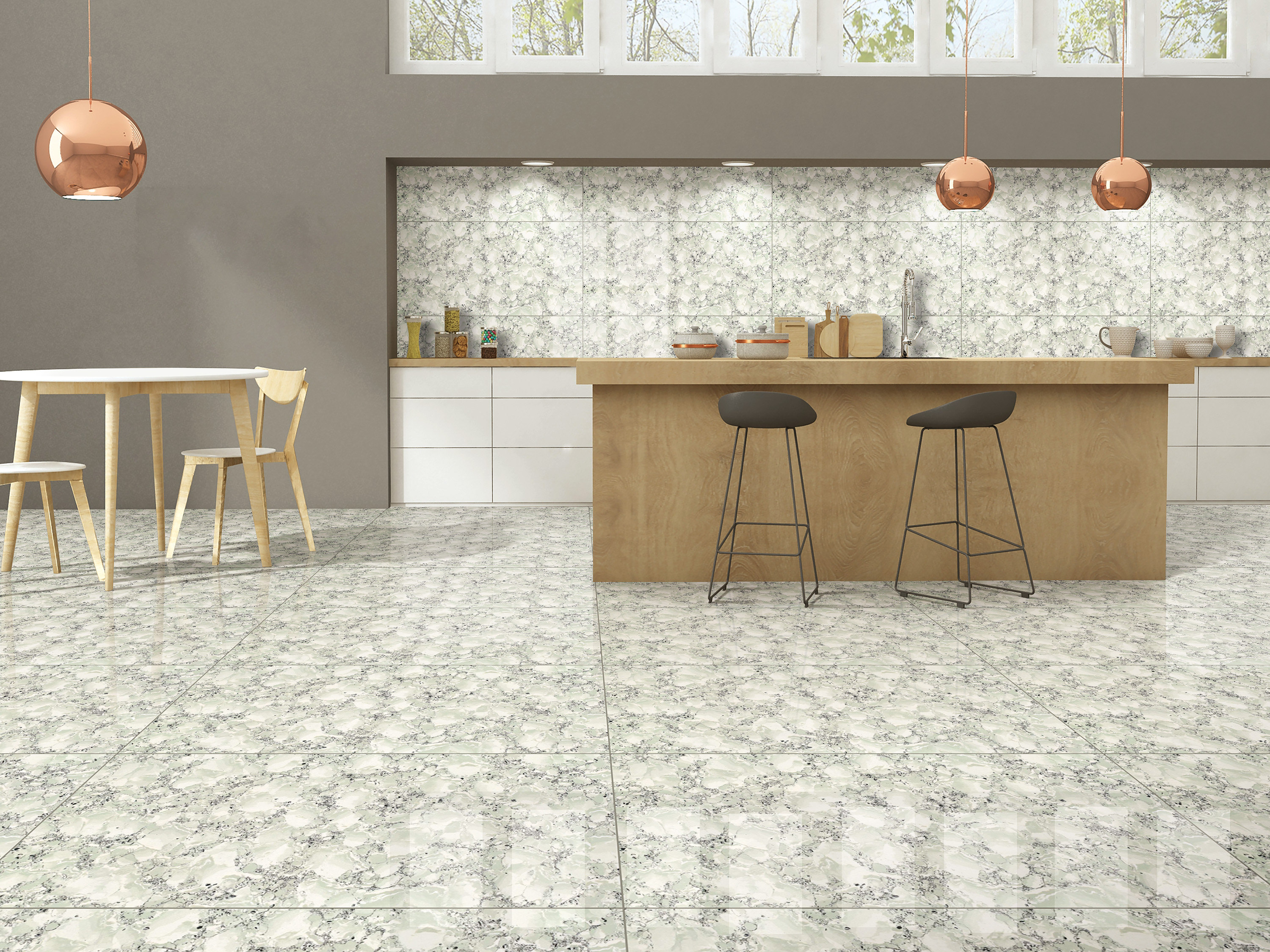 A spacious kitchen with marble-patterned tiles, wooden accents, and copper pendant lights