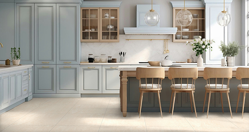 Kitchen floor with gvt anti skid rustic creama tile