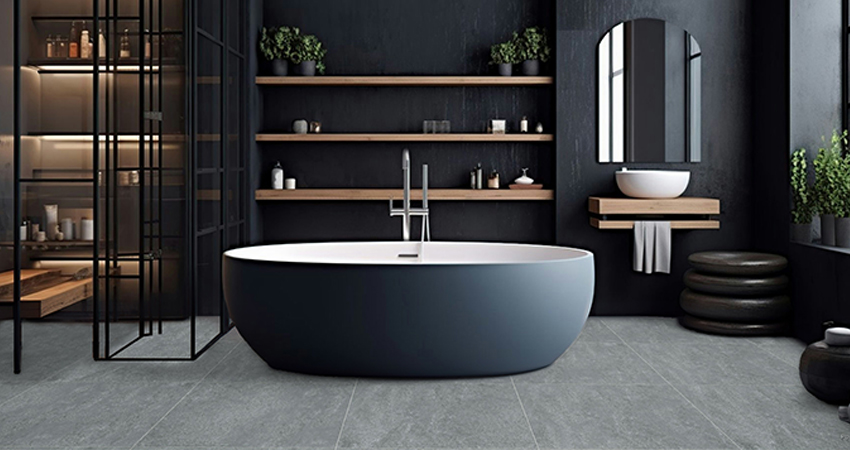 Elegant bathroom gvt anti skid rustic grey dk tiles with matte finish look