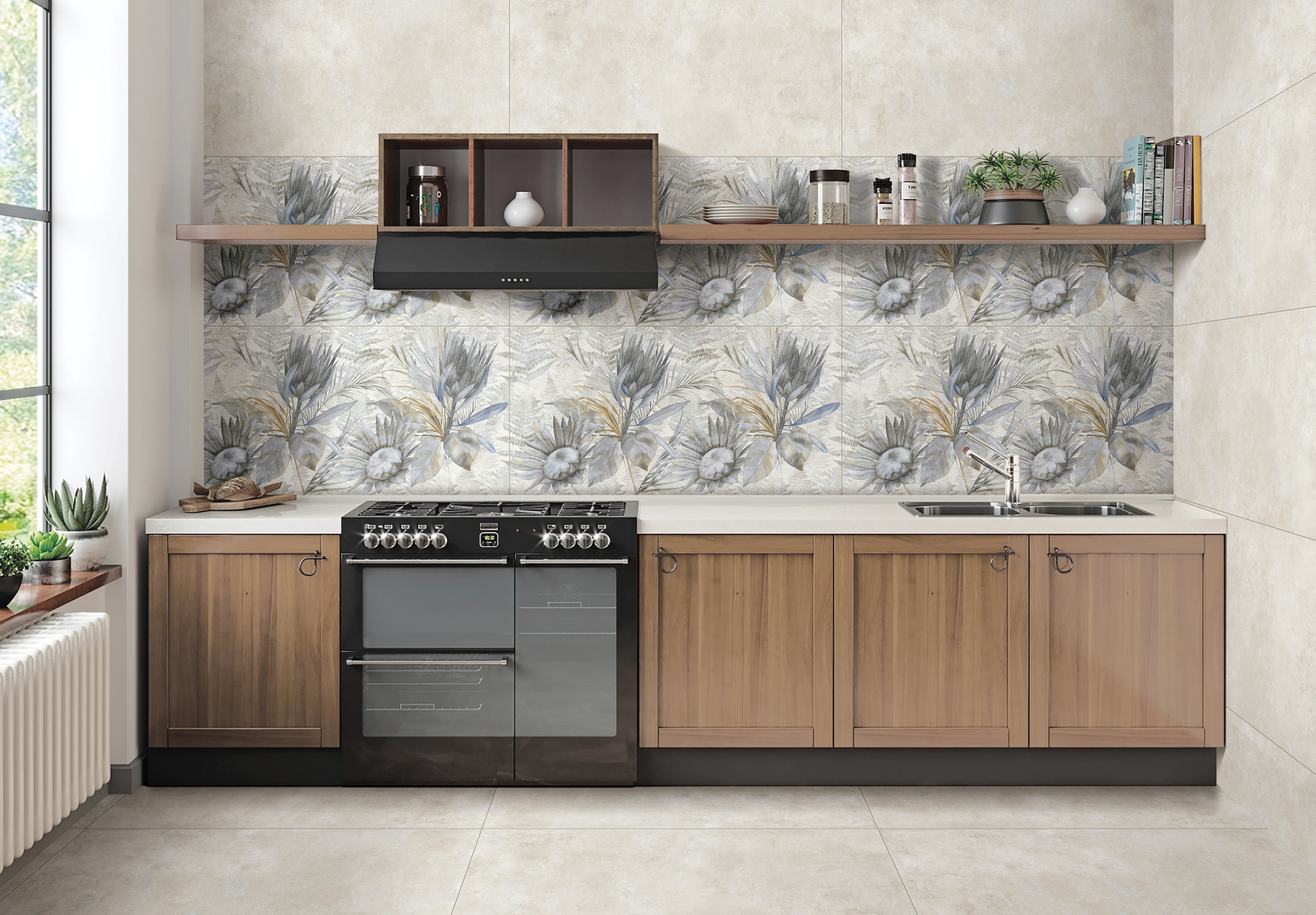 Kitchen with floral-patterned wall tiles, wooden cabinets, and a sleek black oven
