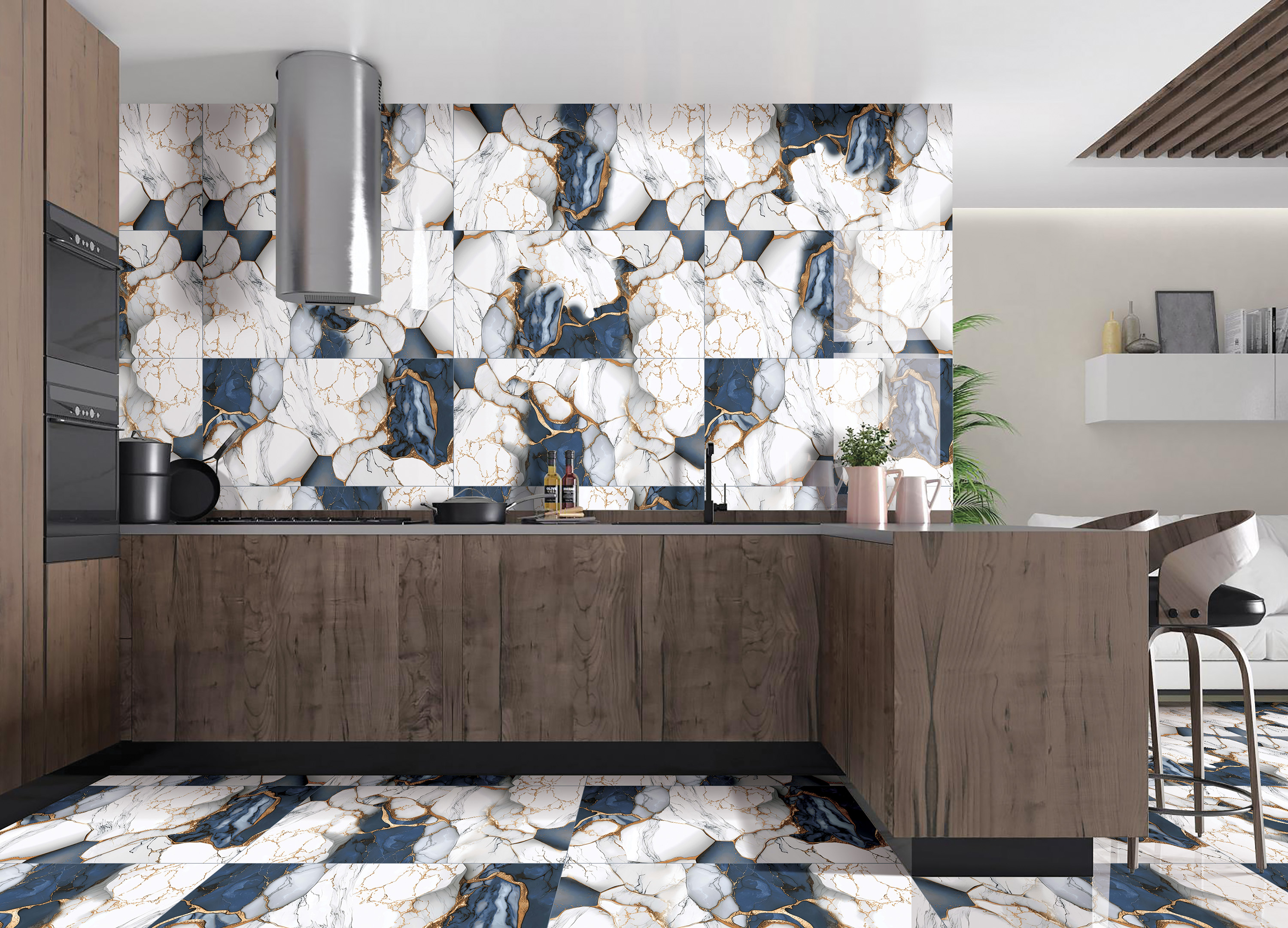 Marble-patterned tiles in blue, white, and gold complement the wood cabinets in the kitchen