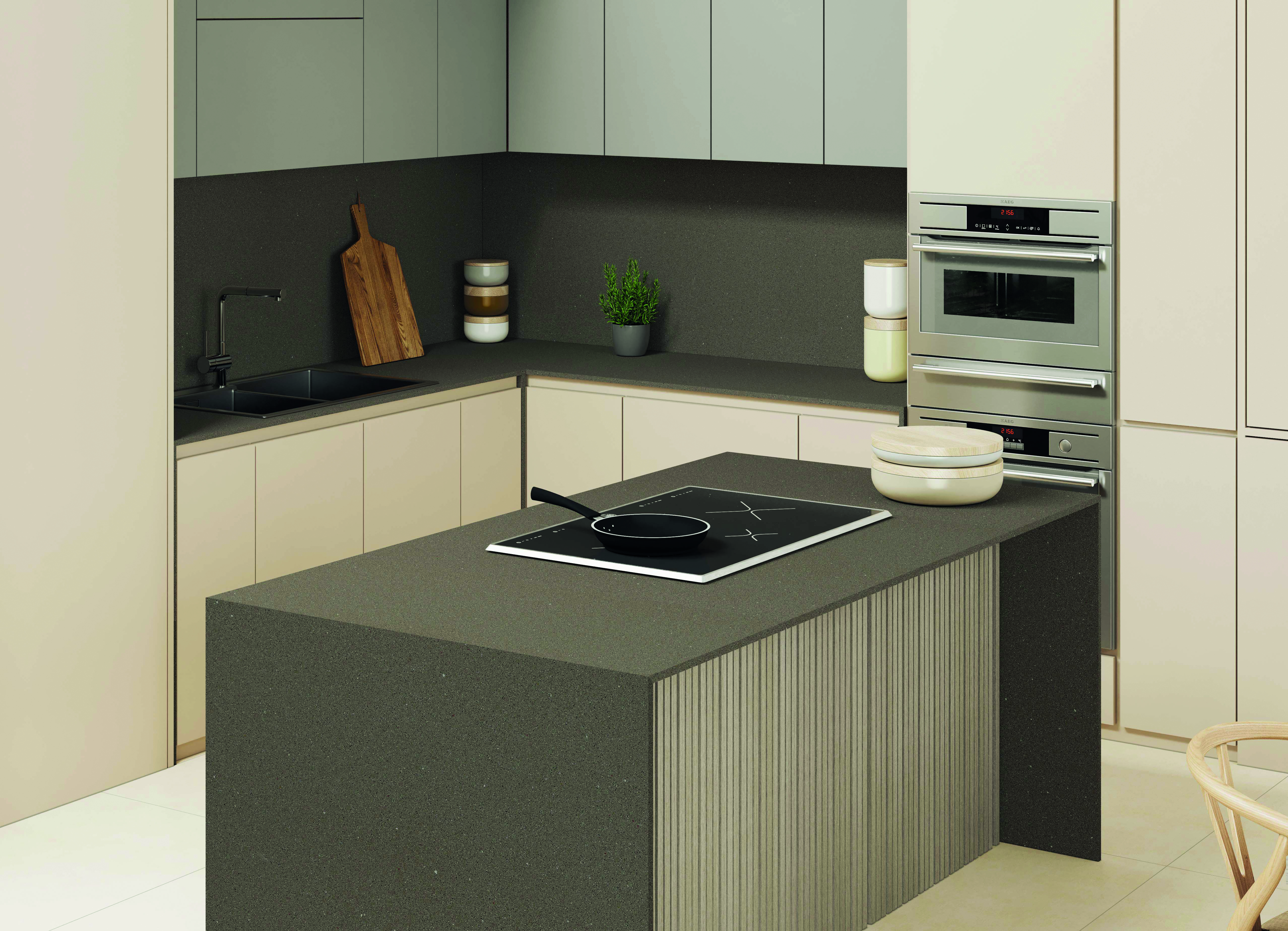 Elegant kitchen with Granalt SNP Glam Brown tiles, complementing countertops and decor
