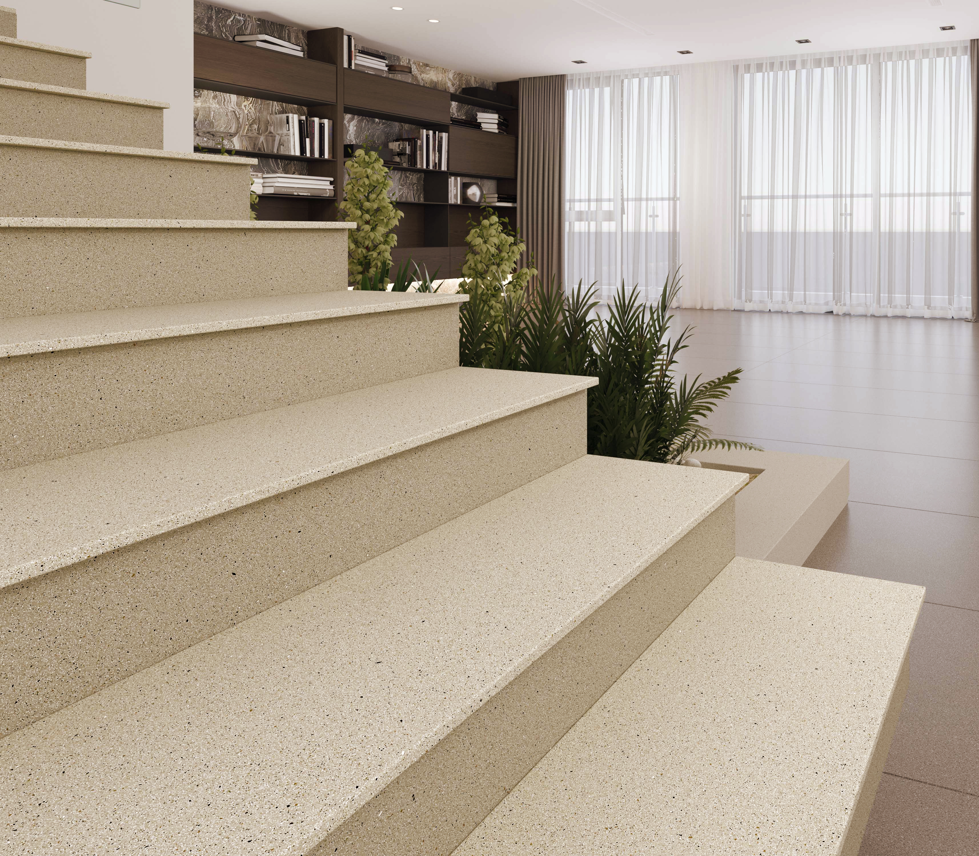 Beige tile stairs leading to a modern living area with large windows, greenery, and bookshelves