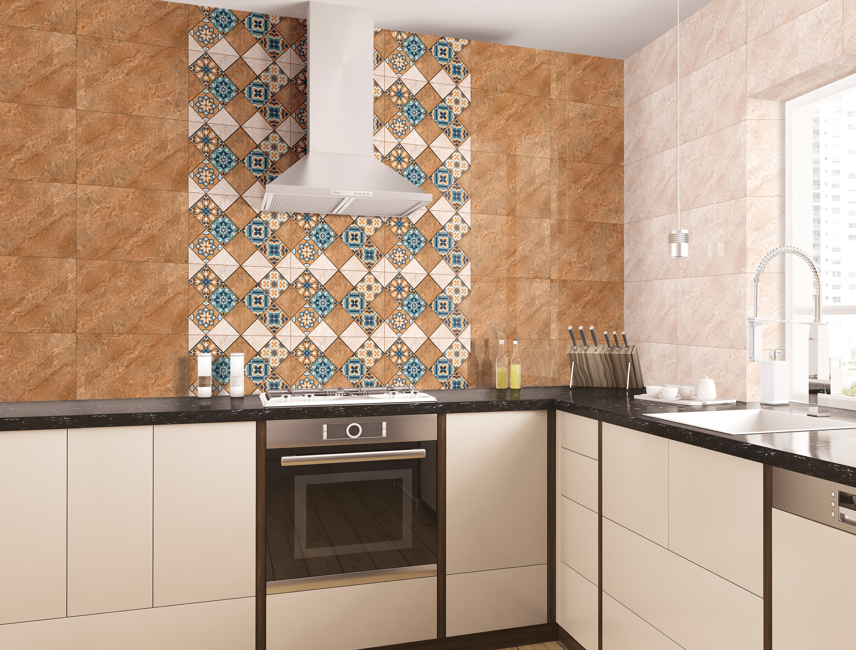 kitchen highlighting warm-toned tiles and a decorative patterned backsplash