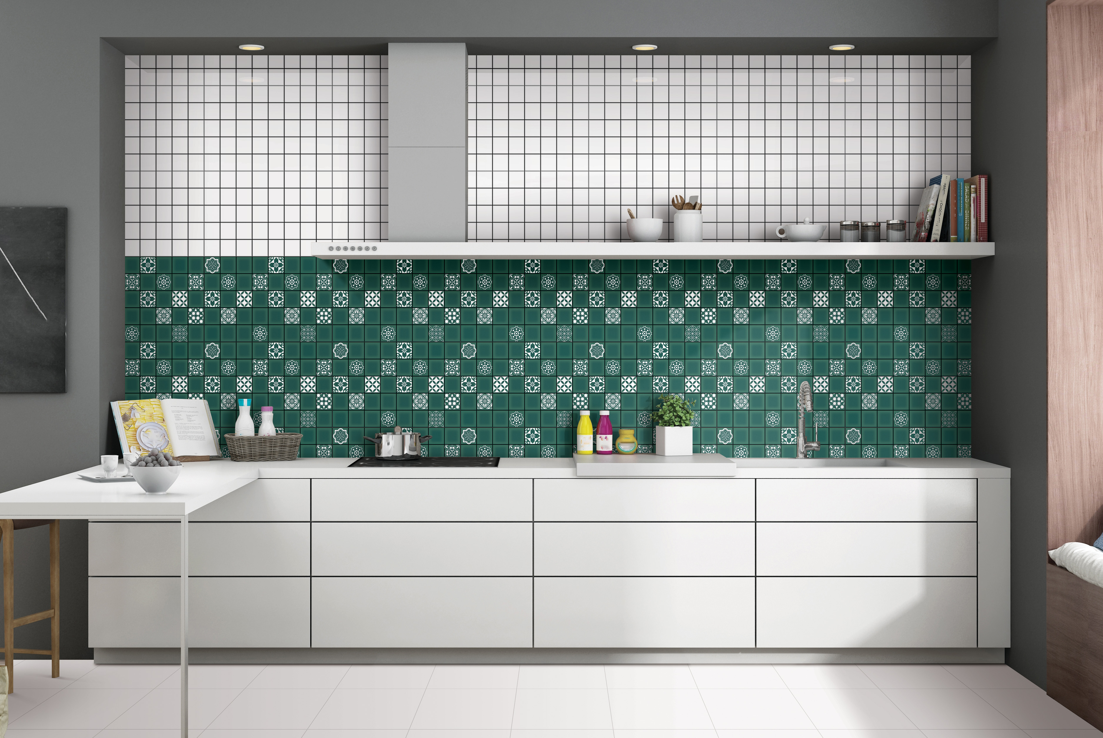White and green patterned tiles decorate this modern kitchen with sleek white cabinets