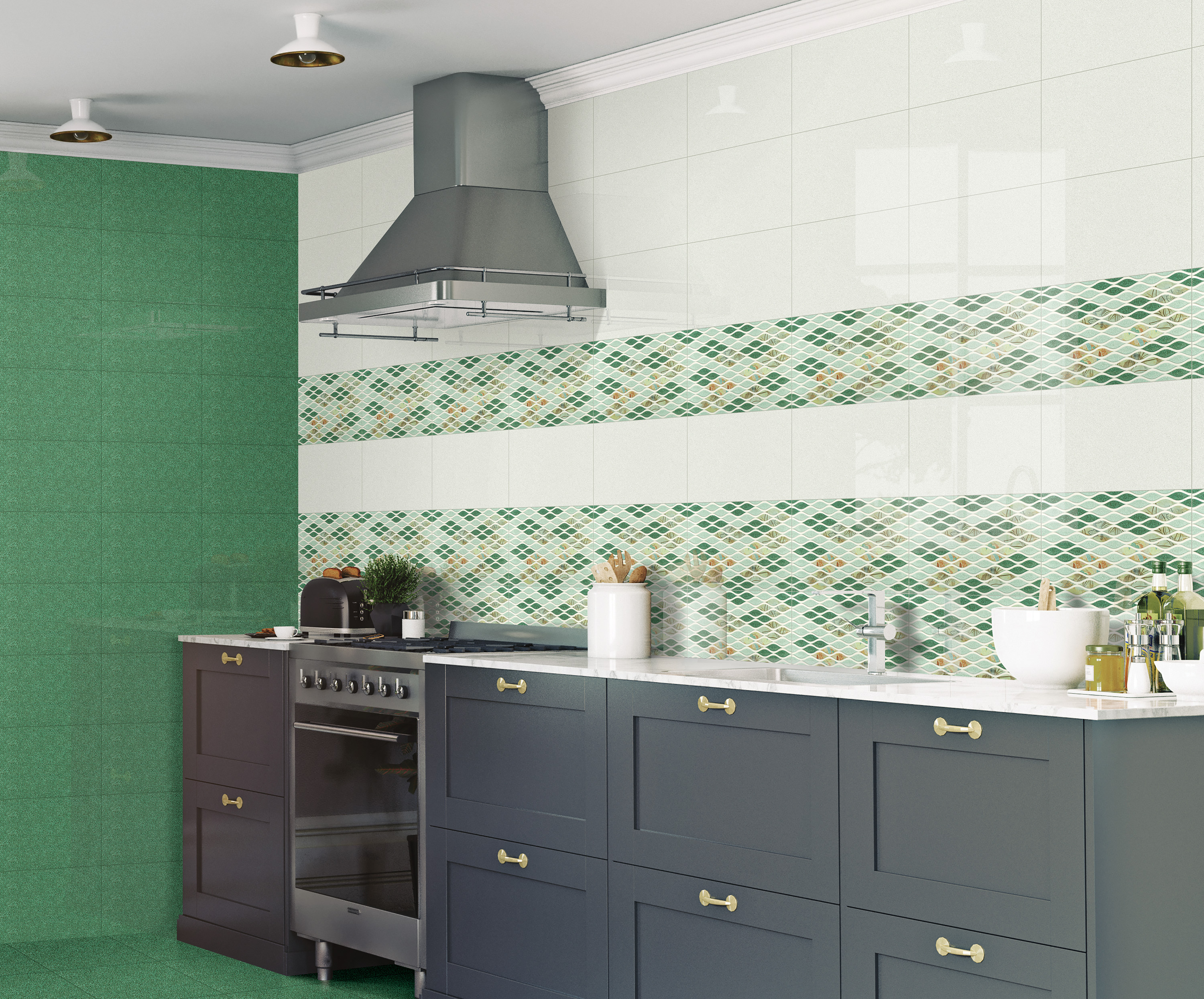 A contemporary kitchen showcasing decorative green and white wall tiles with a diamond pattern