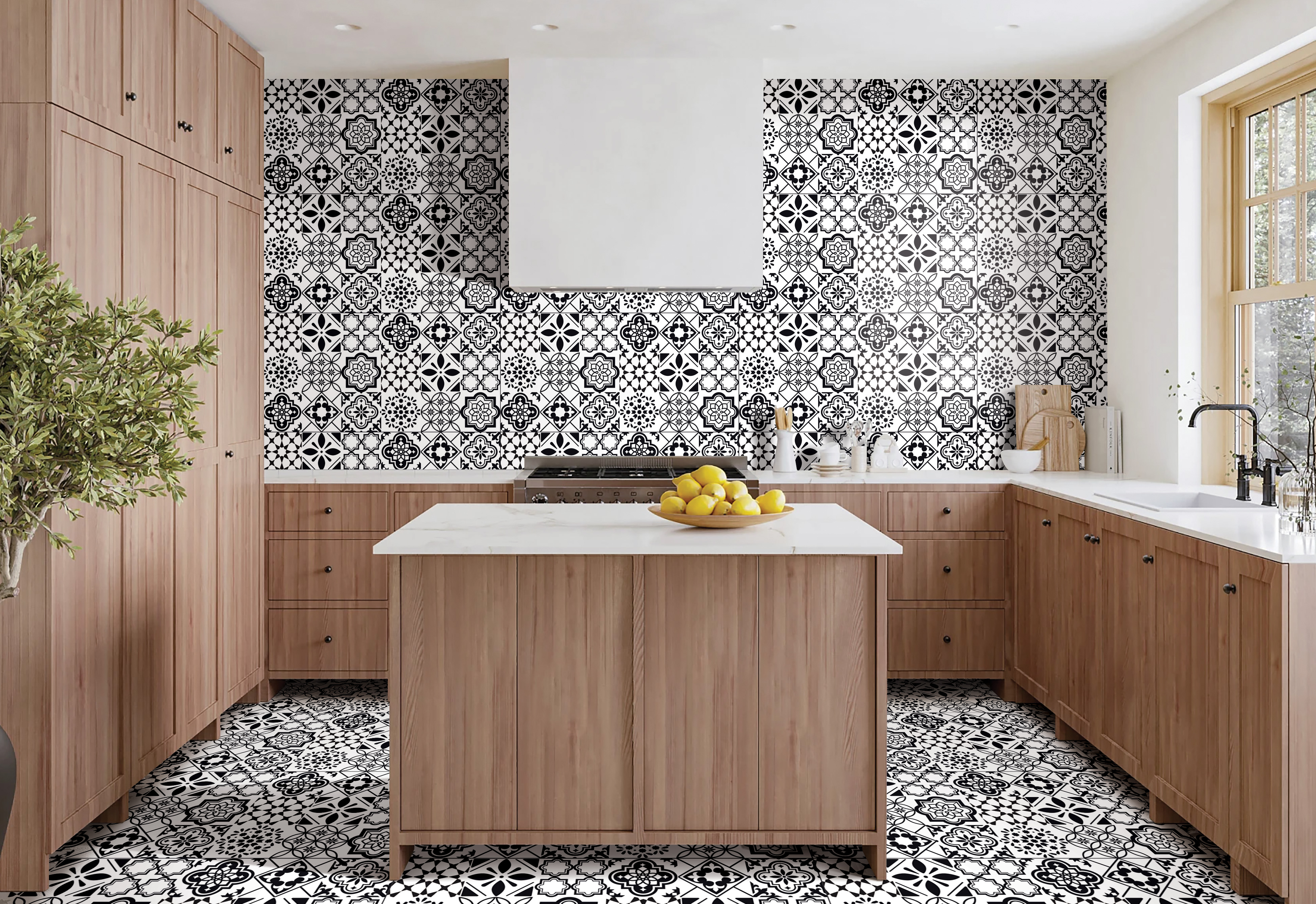 Classic black and white Moroccan art tile with intricate geometric patterns