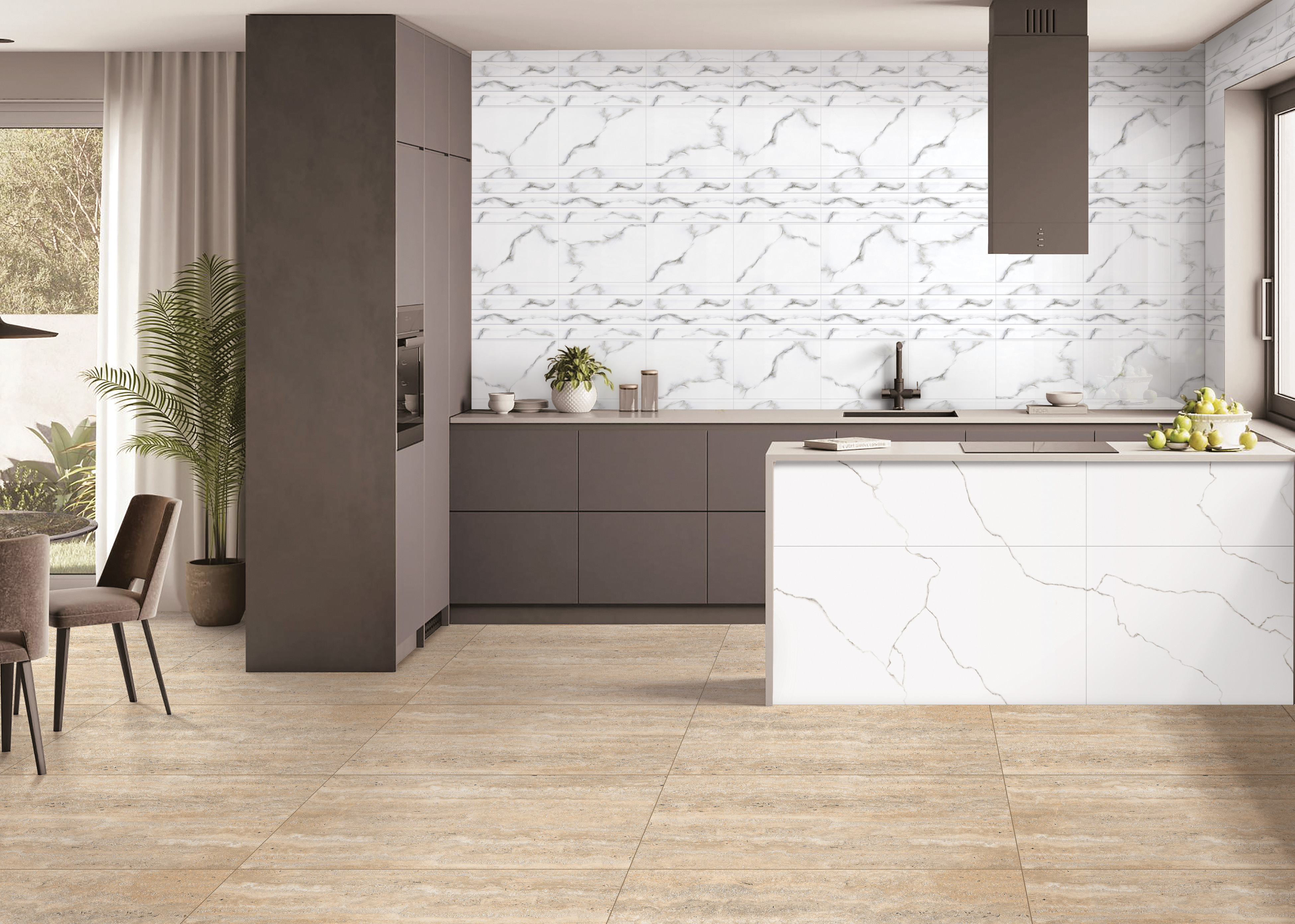 A contemporary kitchen featuring marble-patterned wall tiles, beige floor tiles, and sleek gray cabinets