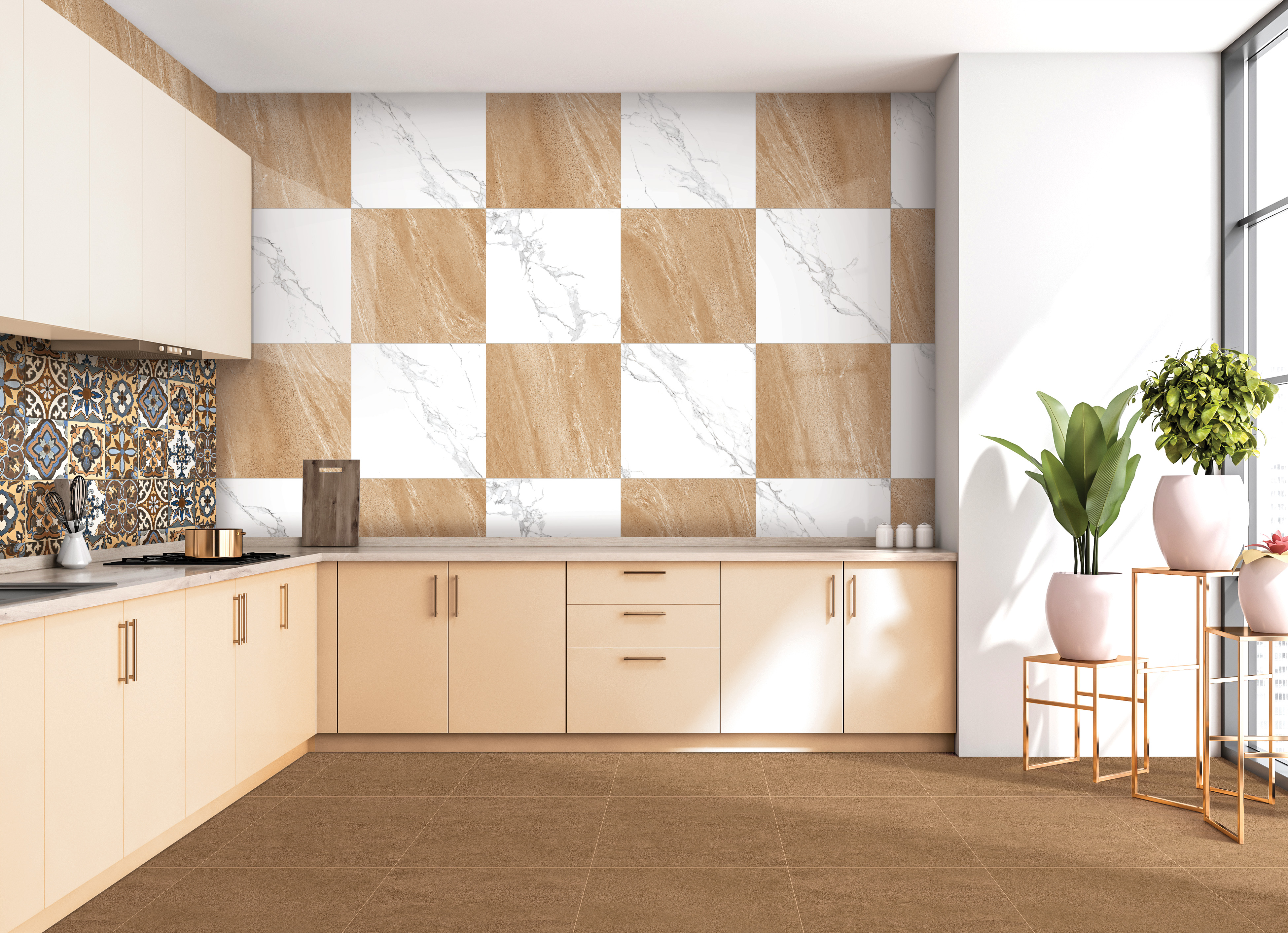 A warm, modern kitchen featuring beige cabinets and checkered white and brown wall tiles