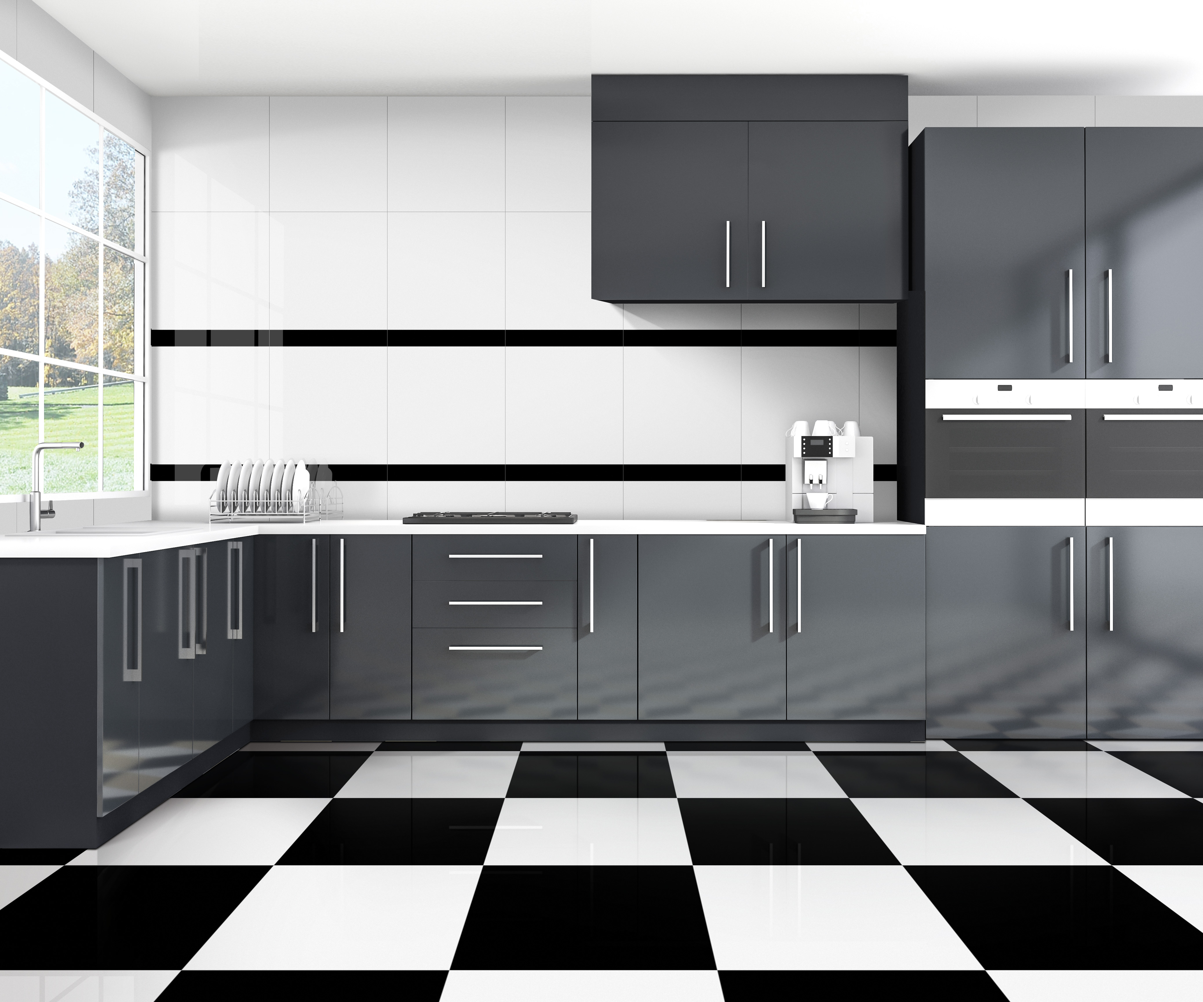 Modern kitchen with black and white cabinets, checkered tile floor, and large window