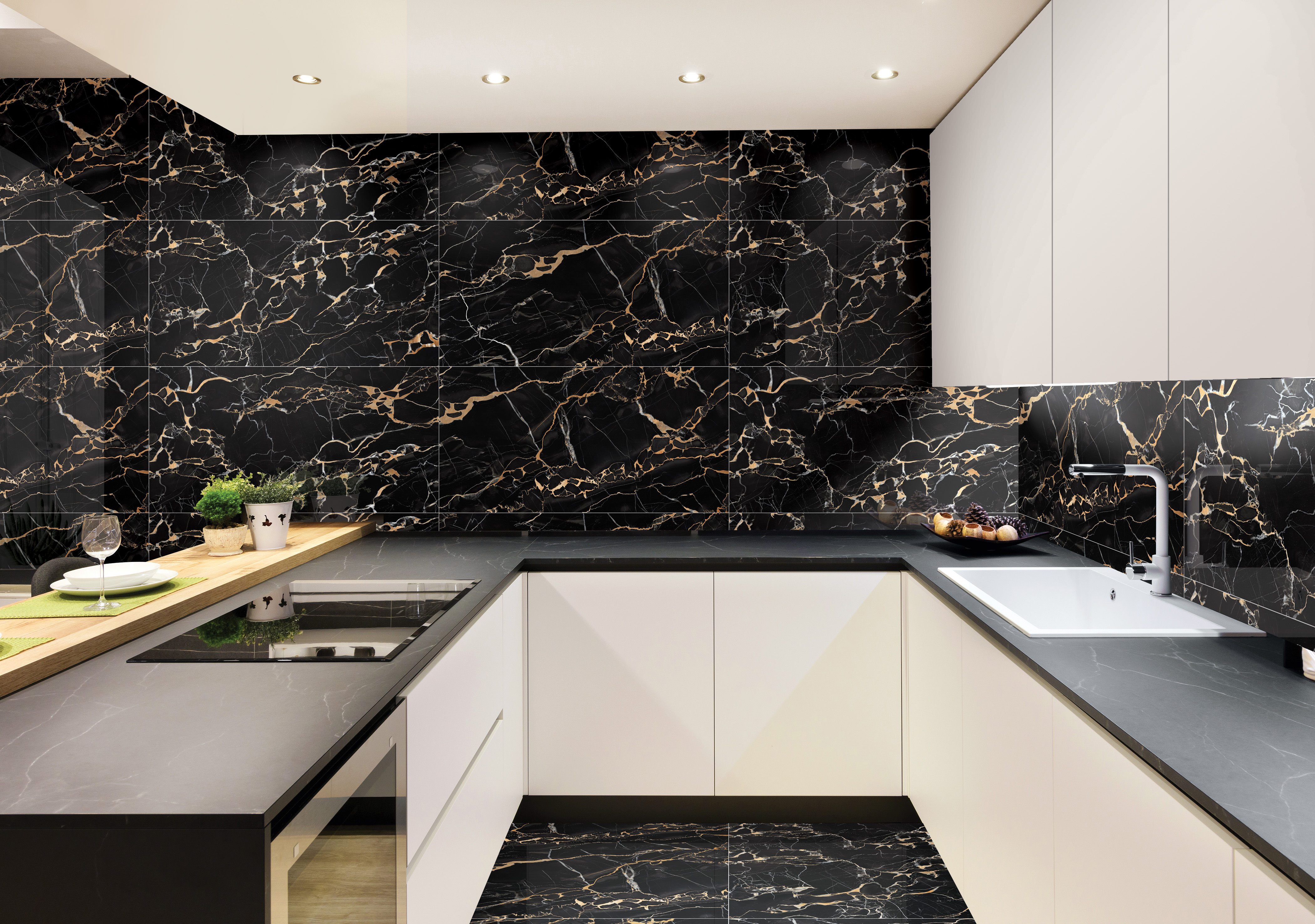 Modern kitchen with black and gold marble wall tiles, sleek cabinets, and recessed lighting