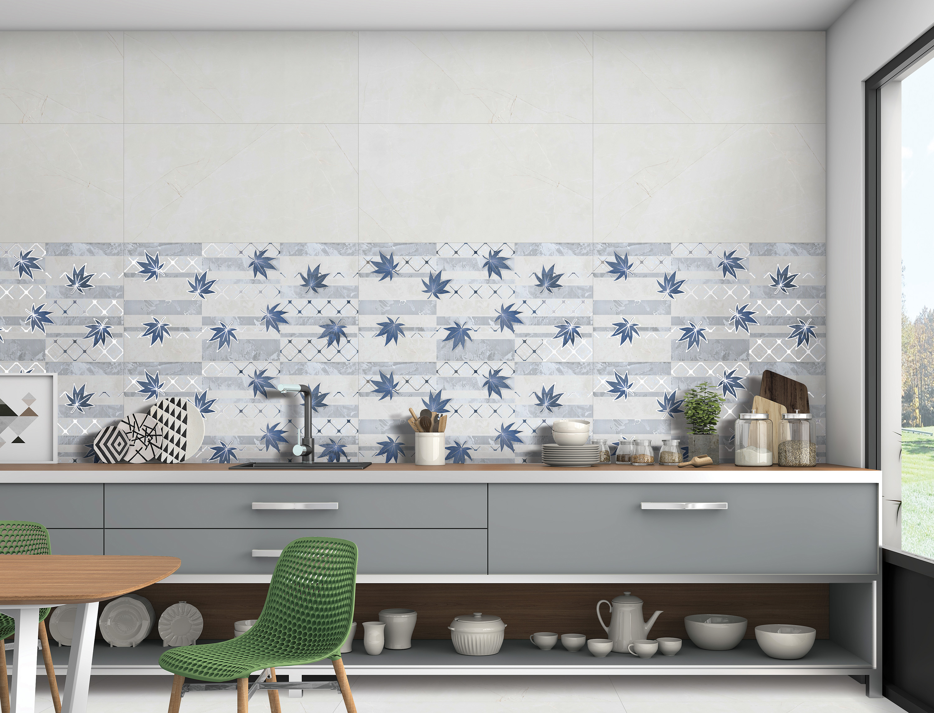 Blue leaf-patterned tiles enhance the kitchen, featuring gray cabinets and a window view.