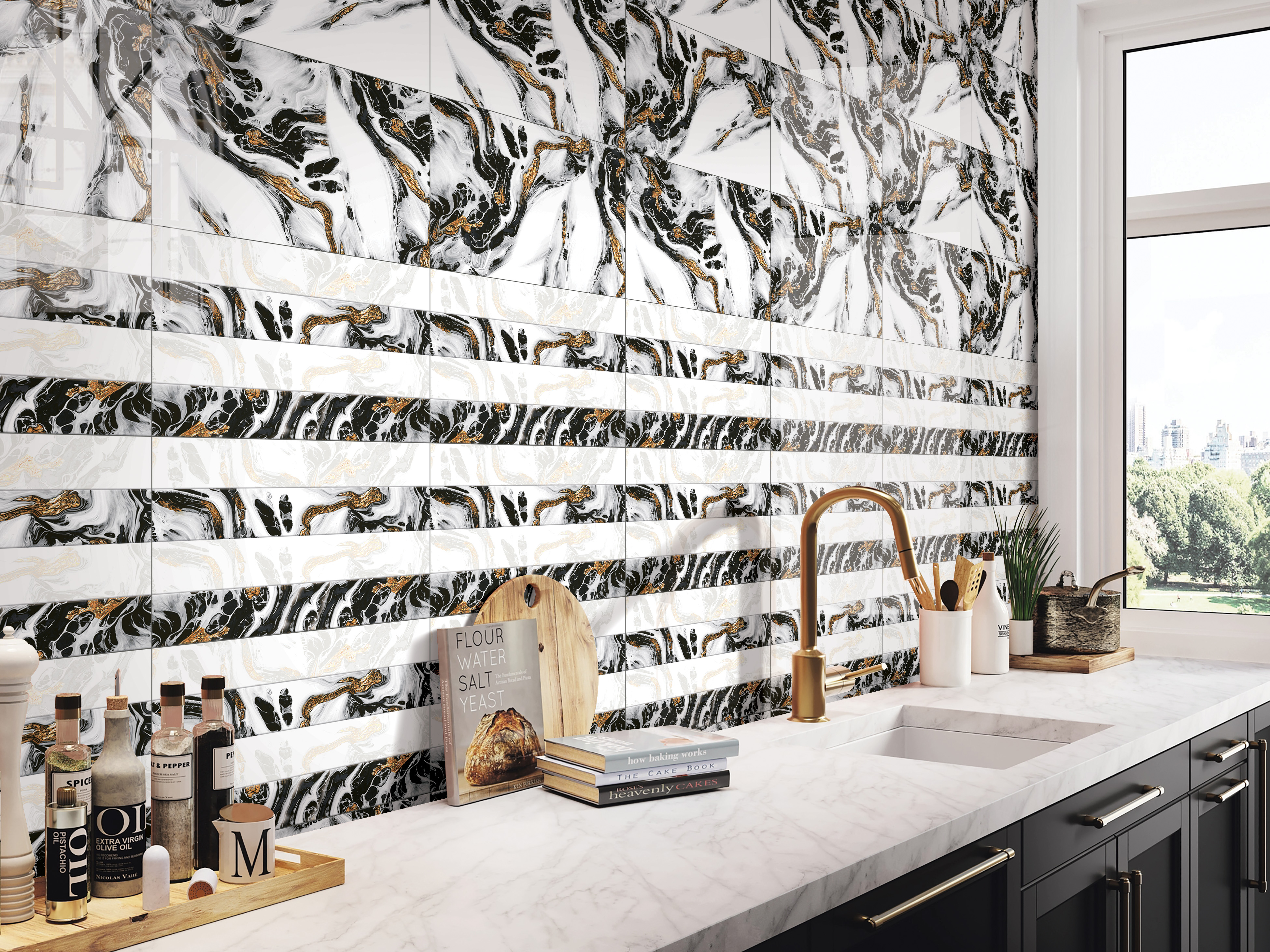 Kitchen tile with marble countertop, gold faucet, and artistic black and gold