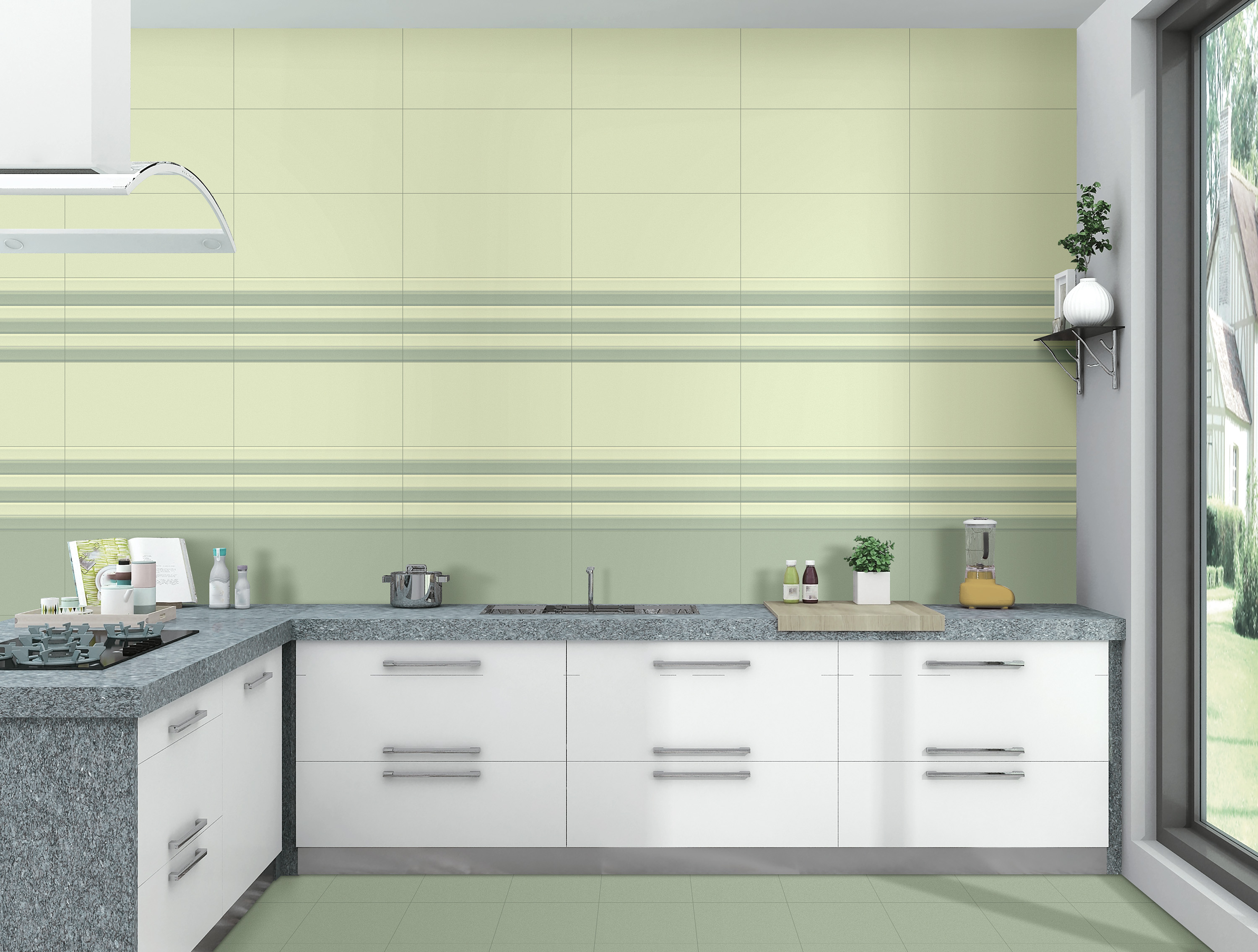 Pastel green wall tiles with horizontal stripe patterns adorn this modern kitchen