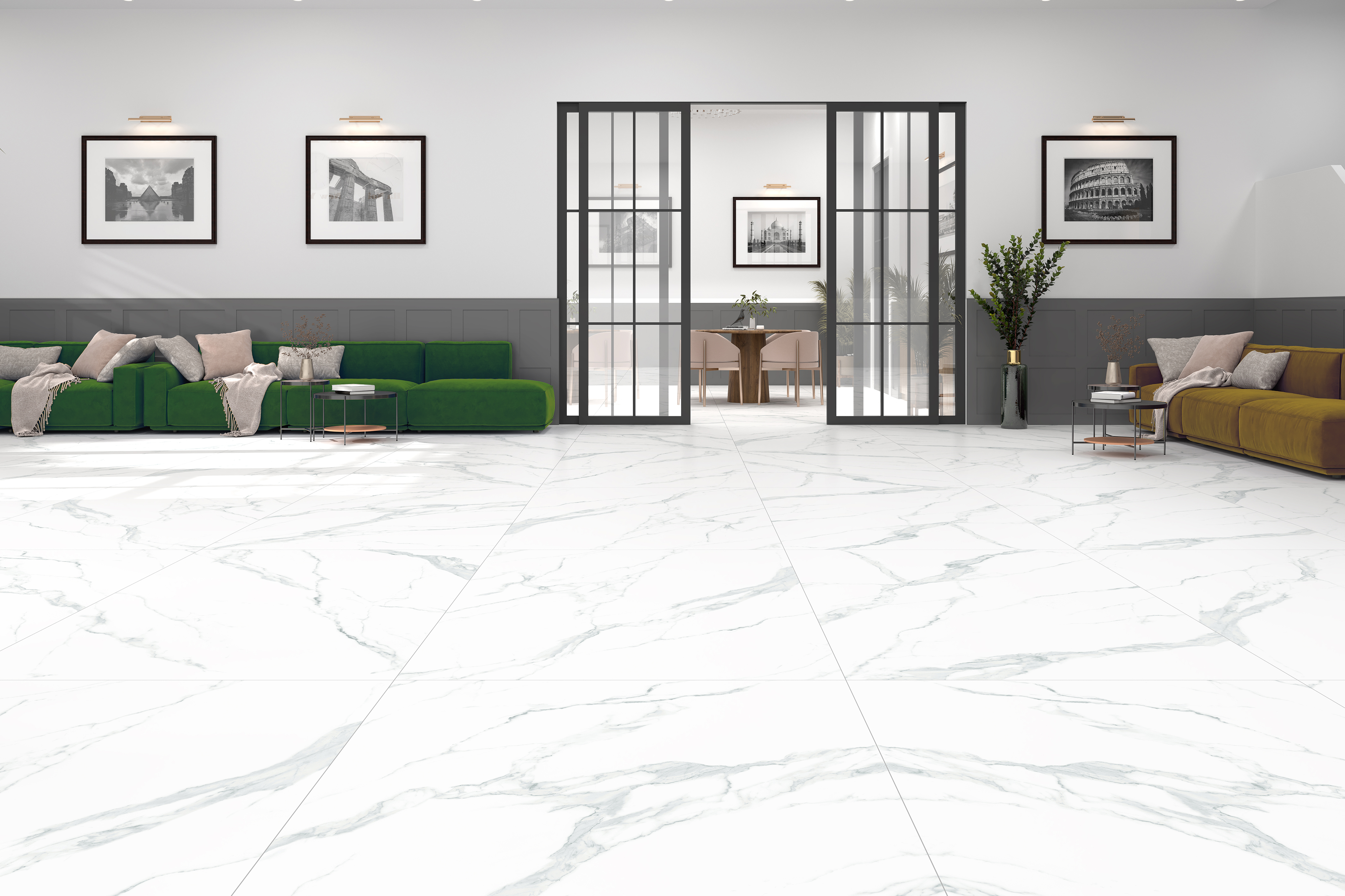 Elegant living room with PGVT Breccia Marble Beige tiles, glossy finish, and glass accents