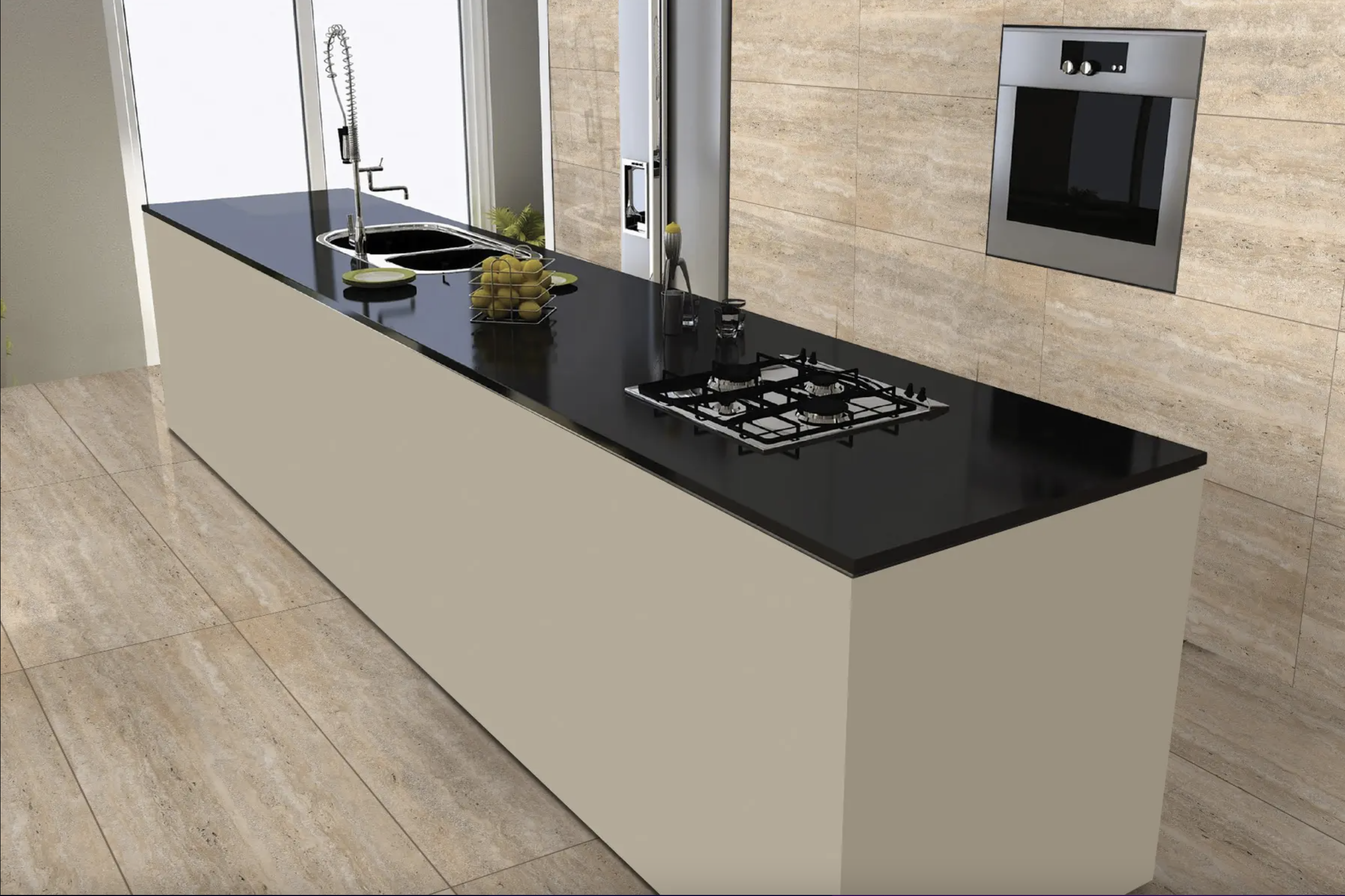 Minimalist kitchen island with black countertop, sink, and stovetop against beige tiles