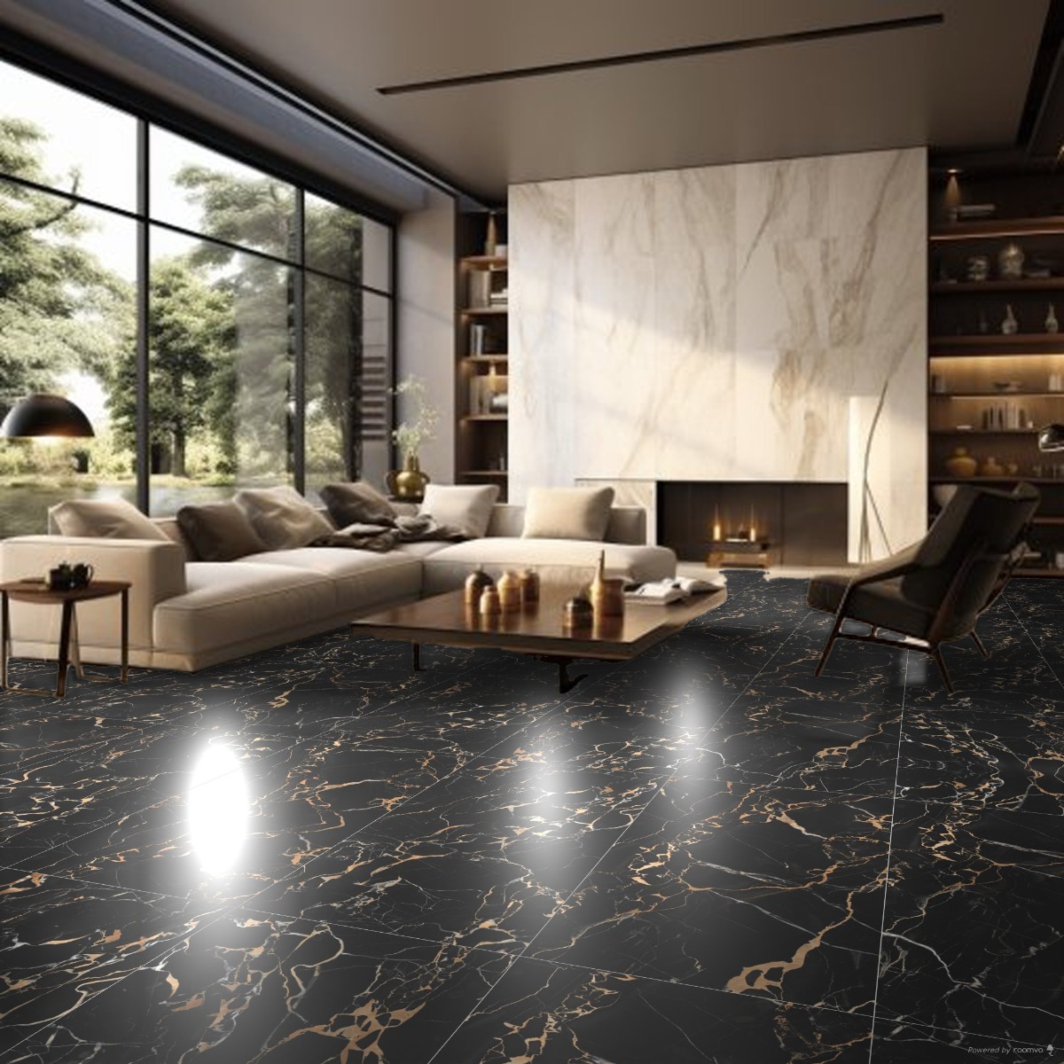 Black ceramic floor tiles with a sleek, polished finish from Orientbell, ideal for adding a bold, modern touch to interiors
