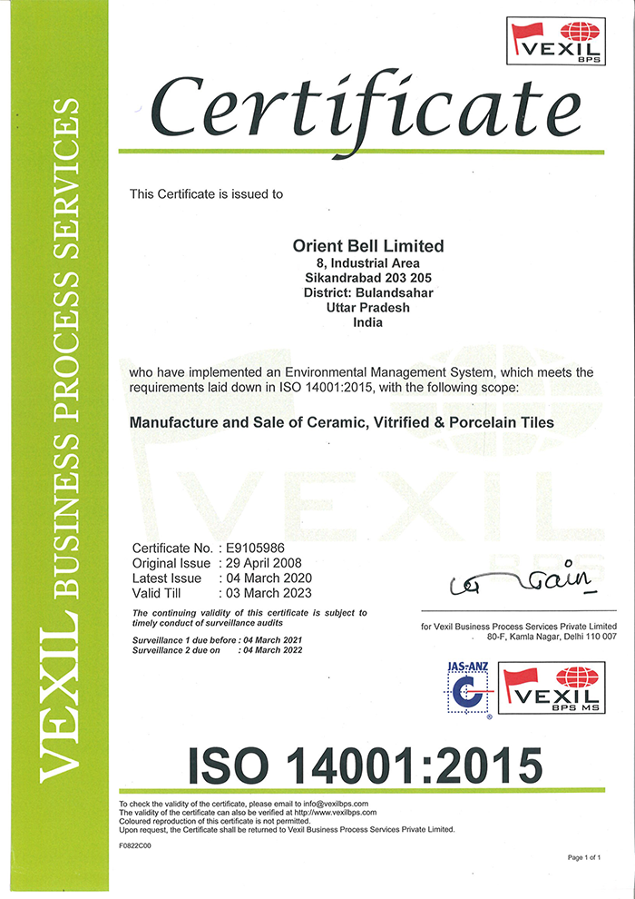 ISO 14001 Environment Management Certificate