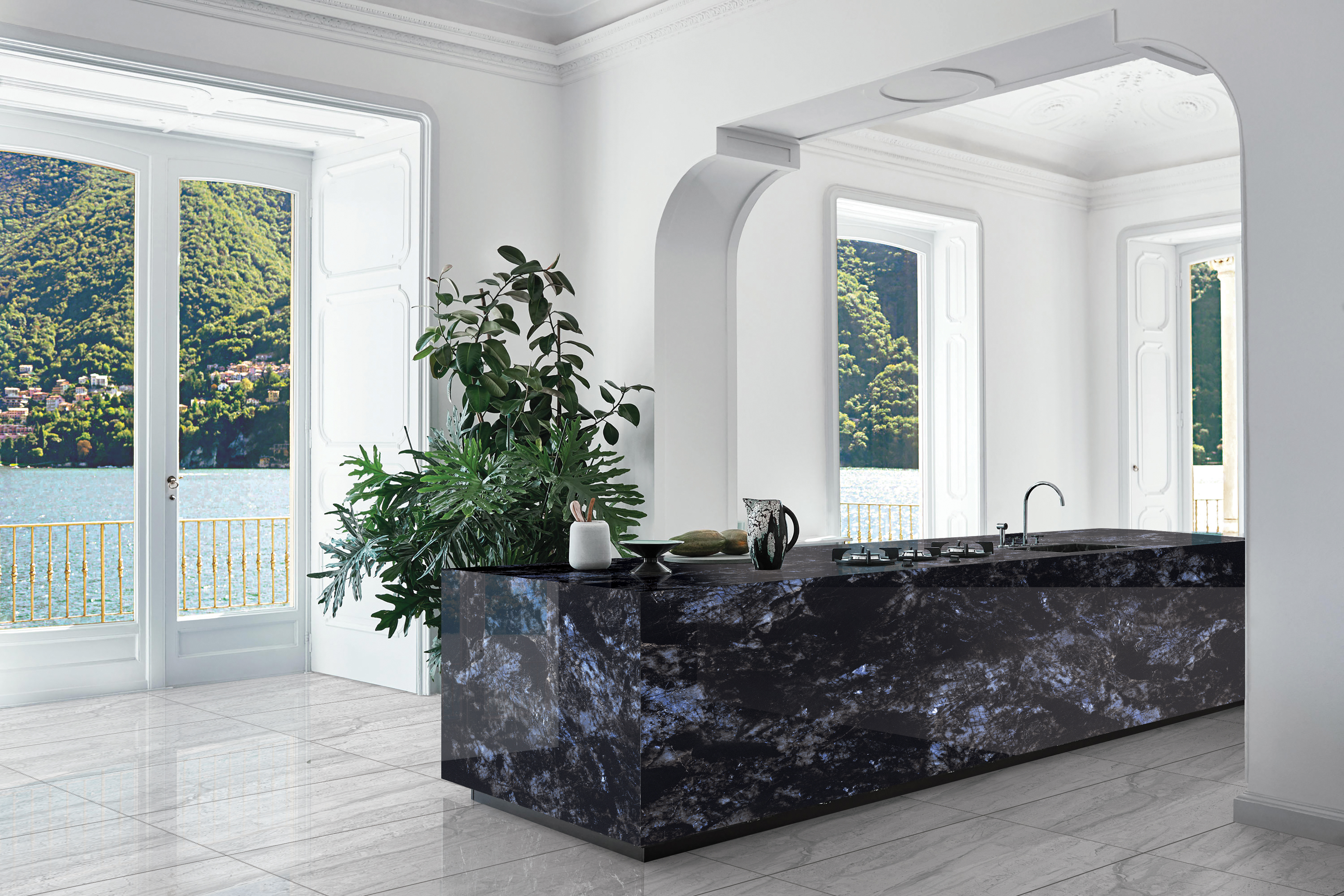 Striking blue and black tile in a modern space, perfect for walls, countertops, or floors